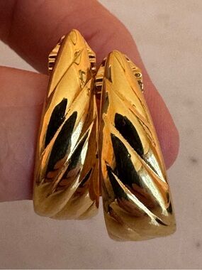 Vintage Monet Twisted Gold Elongated Hoop Clip-On Earrings